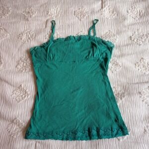 Teal Green Ribbed Lace Trim‎ Cami Top w/ Built in Bra XL Coquette Y2K